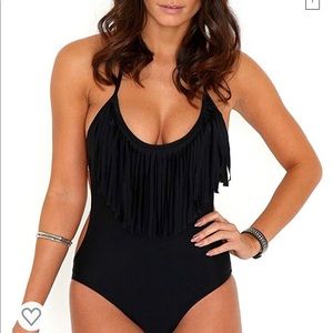 One piece black fringed monokini swimsuit